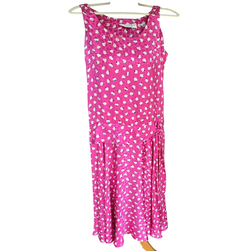 Albert Nipon Silk Dress S 4 Magenta Pink Vintage Drop Waist Abstract 80s Flapper